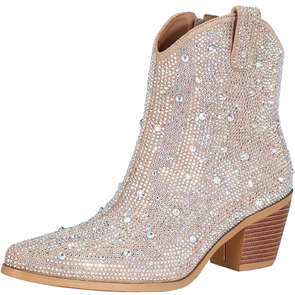 FIFSY Women Rhinestone Glitter Chunky Heel Sparkly Cowgirl Ankle Boots
